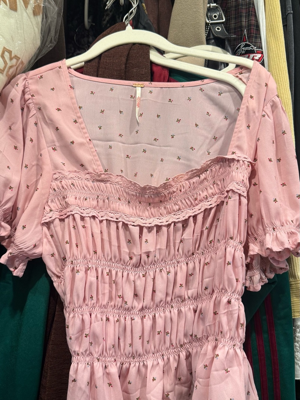 Free People Pink Floral Smocked Square-Neck Blouse